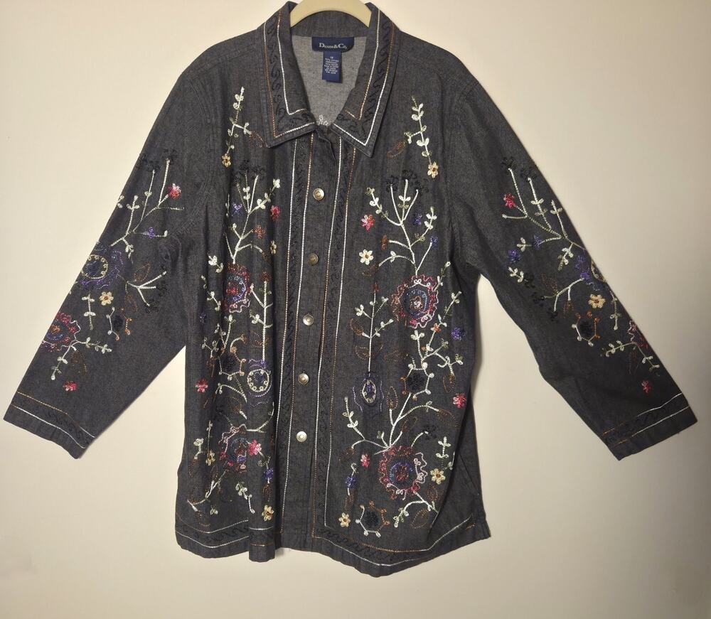 Denim & Co Floral Embroidered Denim Jean Jacket Blazer Button Mid Length Sz 1X